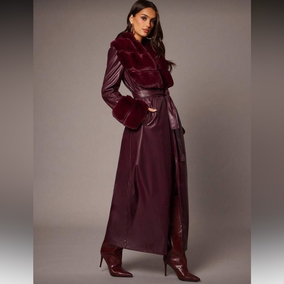 Jackets & Blazers - BELT ONLY 🔥 Faux fur collar cuffs vegan leather trench coat burgundy maroon